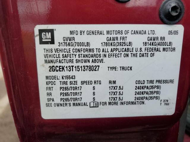 2GCEK13T151378027 - 2005 CHEVROLET 1500 K1500 BURGUNDY photo 12