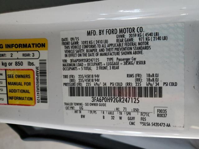 3FA6P0H92GR247125 - 2016 FORD FUSION SE WHITE photo 12