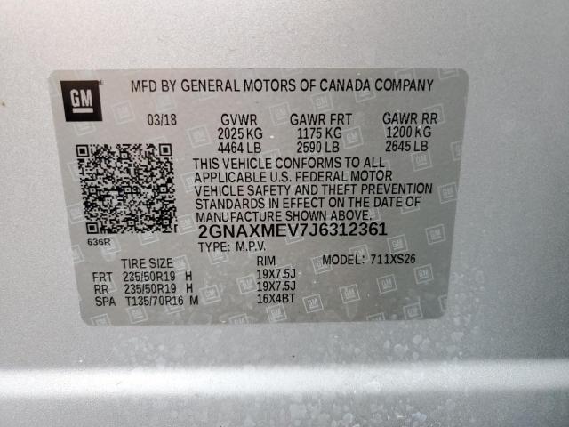 2GNAXMEV7J6312361 - 2018 CHEVROLET EQUINOX PREMIER SILVER photo 12