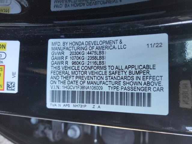 1HGCV1F38NA106009 - 2022 HONDA ACCORD SPORT Қара фото 12