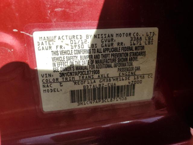 3N1CN7AP3CL871908 - 2012 NISSAN VERSA S RED photo 12