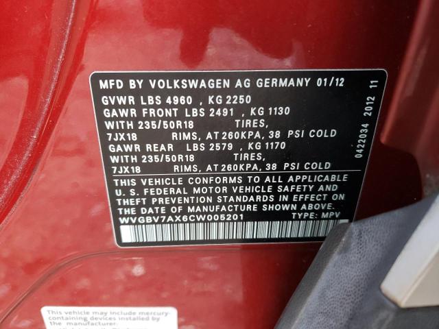 WVGBV7AX6CW005201 - 2012 VOLKSWAGEN TIGUAN S RED photo 13