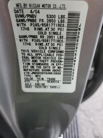 JN8DR09Y64W918956 - 2004 NISSAN PATHFINDER LE ვერცხლისფერი ფოტო 14