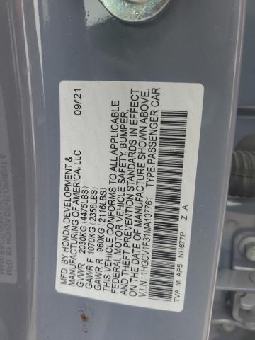 1HGCV1F31MA107761 - 2021 HONDA ACCORD SPORT GRAY photo 12