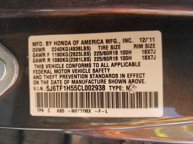 5J6TF1H55CL002938 - 2012 HONDA CROSSTOUR EXL GRAY photo 12