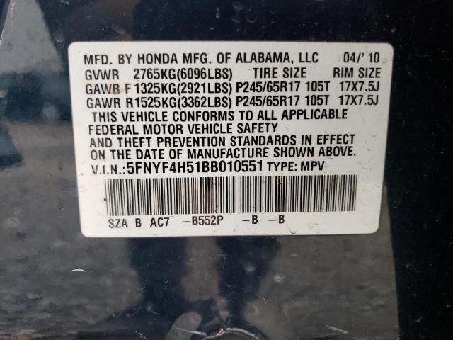 5FNYF4H51BB010551 - 2011 HONDA PILOT EXL BLUE photo 13