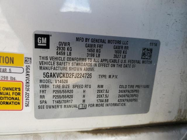 5GAKVCKD2FJ224726 - 2015 BUICK ENCLAVE WHITE photo 13