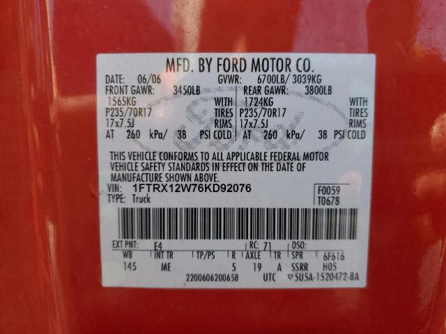 1FTRX12W76KD92076 - 2006 FORD F150 RED photo 12