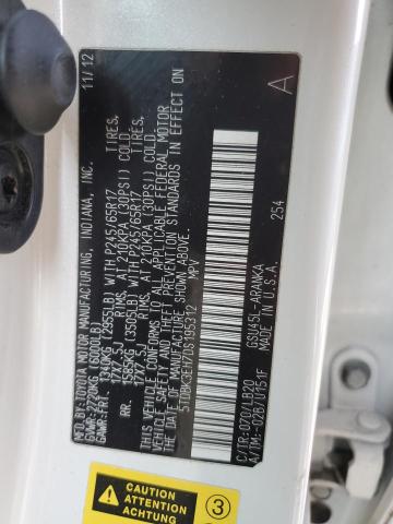 5TDBK3EH7DS195312 - 2013 TOYOTA HIGHLANDER BASE Blanc photo 14