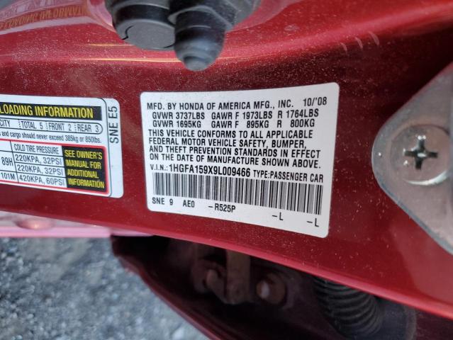 1HGFA159X9L009466 - 2009 HONDA CIVIC EXL მუქწითელი ფოტო 12