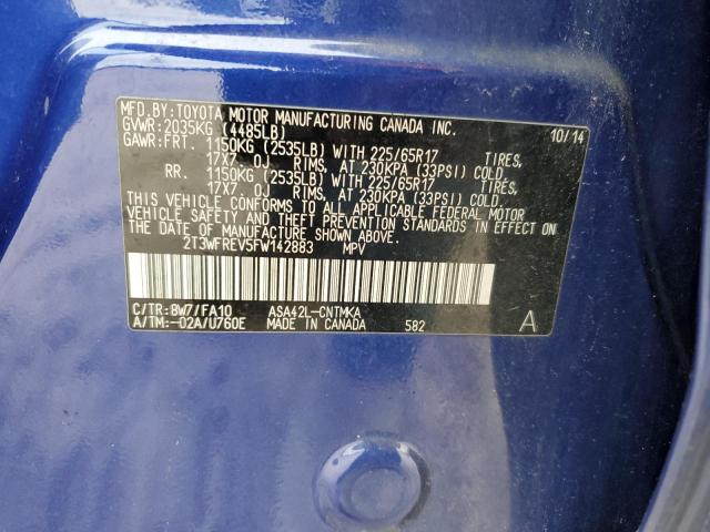 2T3WFREV5FW142883 - 2015 TOYOTA RAV4 XLE BLUE photo 13