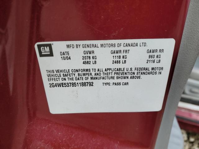 2G4WE537851188792 - 2005 BUICK LACROSSE CXS MAROON photo 13