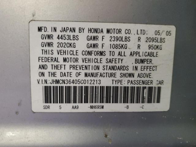 JHMCN36405C012213 - 2005 HONDA ACCORD HYBRID SILVER photo 12