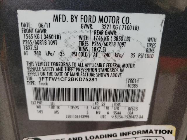 1FTFW1CF2BKD75281 - 2011 FORD F150 SUPERCREW GRAY photo 12