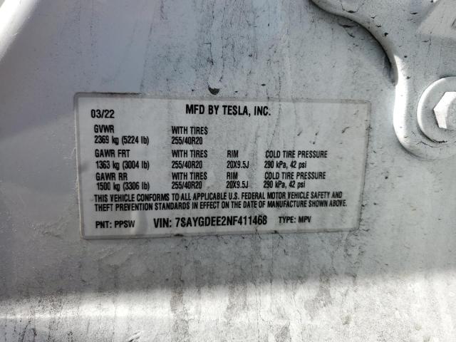 7SAYGDEE2NF411468 - 2022 TESLA MODEL Y WHITE photo 12