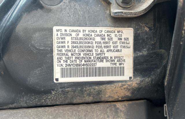 2HNYD18904H502227 - 2004 ACURA MDX TOURING CHARCOAL photo 10
