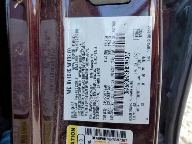 3FA6P0H78HR397367 - 2017 FORD FUSION SE BURGUNDY photo 12