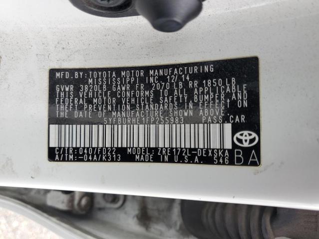 5YFBURHE1FP255983 - 2015 TOYOTA COROLLA L WHITE photo 12