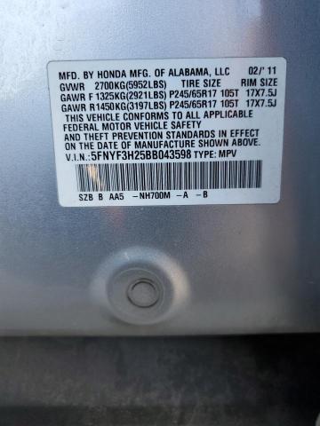 5FNYF3H25BB043598 - 2011 HONDA PILOT LX SILVER photo 12