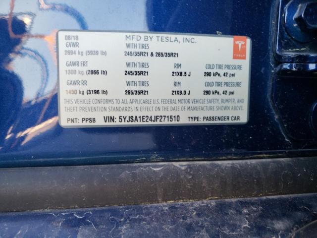 5YJSA1E24JF271510 - 2018 TESLA MODEL S Կապույտ լուսանկար 12
