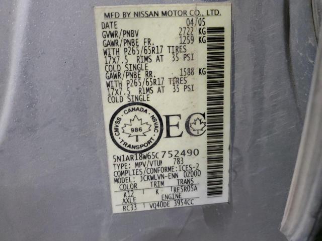 5N1AR18W65C752490 - 2005 NISSAN PATHFINDER LE ვერცხლისფერი ფოტო 13