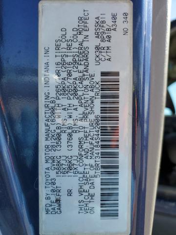 5TBRT34184S442006 - 2004 TOYOTA TUNDRA ACCESS CAB SR5 BLUE photo 12