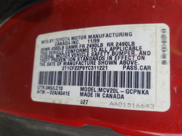 2T1CF22P9YC311221 - 2000 TOYOTA CAMRY SOLA SE RED photo 12