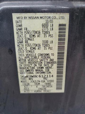5N1AR18W06C612114 - 2006 NISSAN PATHFINDER LE 石墨色 照片 12