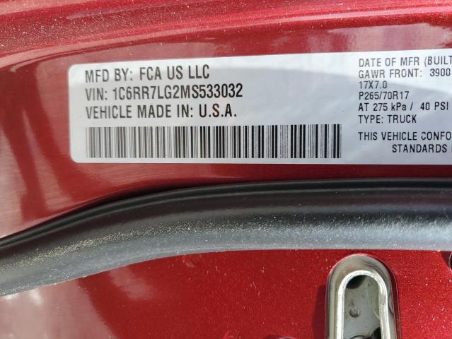 1C6RR7LG2MS533032 - 2021 RAM 1500 CLASS SLT ბურგუნდია ფოტო 12