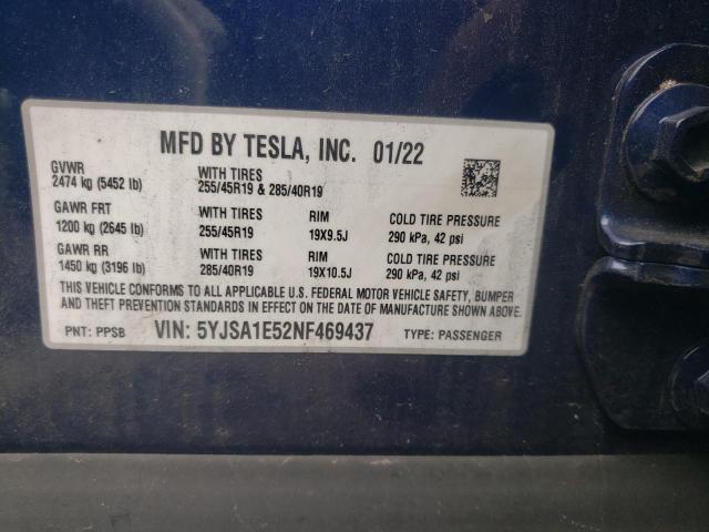 5YJSA1E52NF469437 - 2022 TESLA MODEL S ლურჯი ფოტო 12