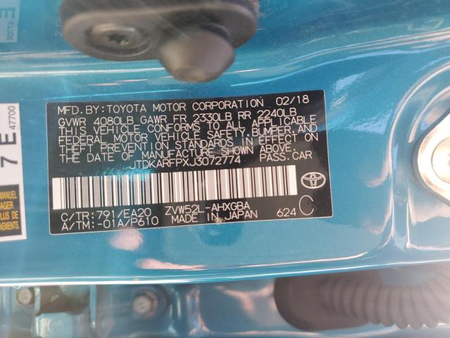 JTDKARFPXJ3072774 - 2018 TOYOTA PRIUS PRIM Blau Foto 12