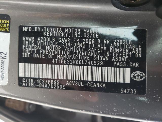 4T1BE32K66U740529 - 2006 TOYOTA CAMRY LE GRAY photo 12