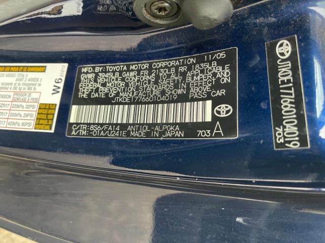 JTKDE177660104019 - 2006 TOYOTA SCION TC BLUE photo 10