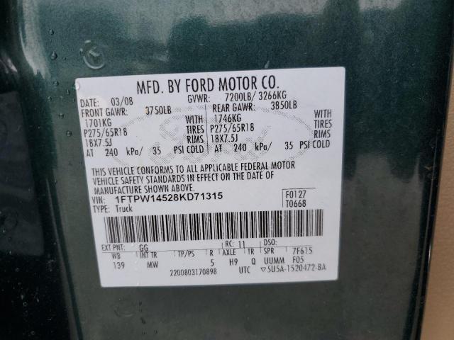 1FTPW14528KD71315 - 2008 FORD F150 SUPERCREW GREEN photo 12