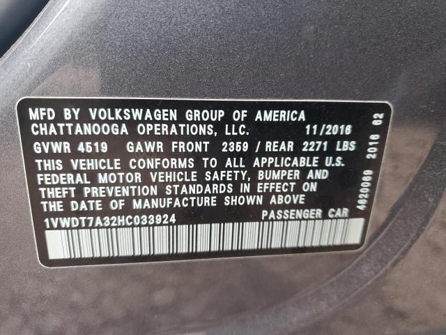 1VWDT7A32HC033924 - 2017 VOLKSWAGEN PASSAT R-LINE Boz foto 12