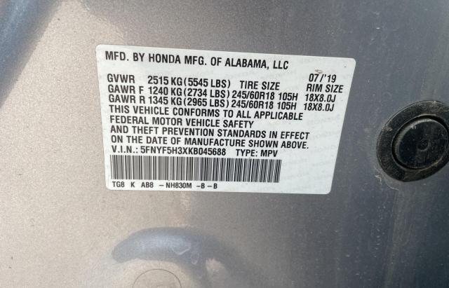 5FNYF5H3XKB045688 - 2019 HONDA PILOT EX 银色 照片 10