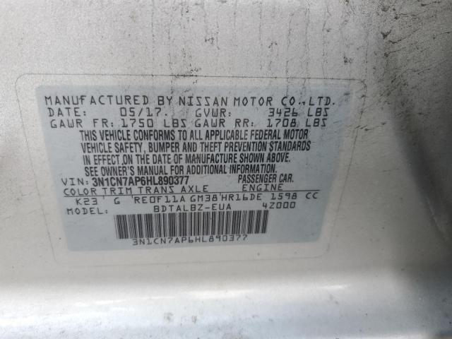 3N1CN7AP6HL890377 - 2017 NISSAN VERSA S SILVER photo 13