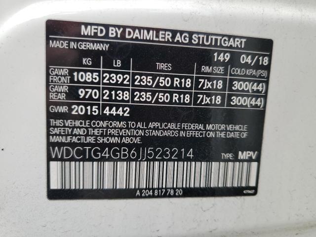 WDCTG4GB6JJ523214 - 2018 MERCEDES-BENZ GLA 250 4MATIC WHITE photo 12