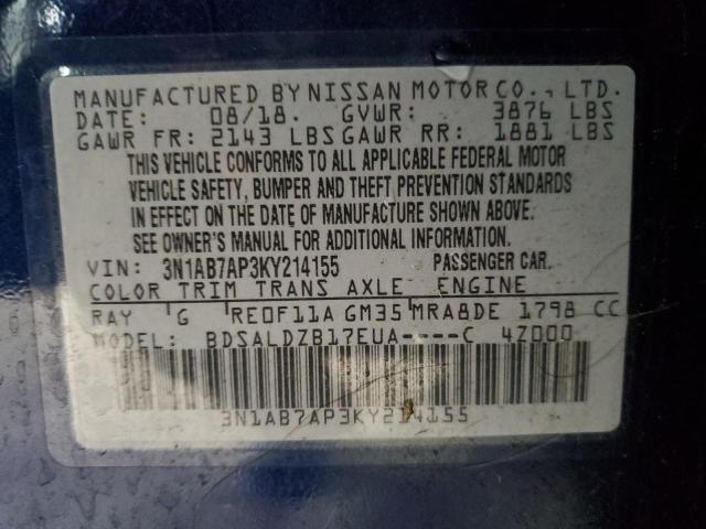 3N1AB7AP3KY214155 - 2019 NISSAN SENTRA S BLUE photo 12