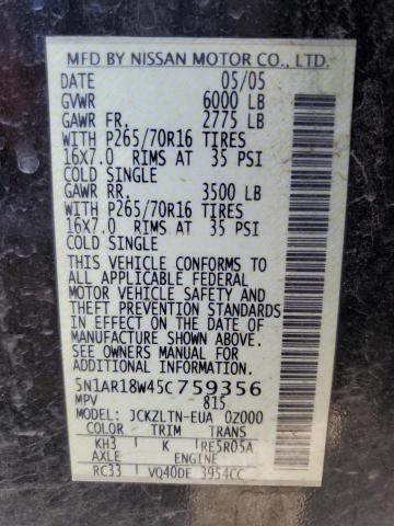 5N1AR18W45C759356 - 2005 NISSAN PATHFINDER LE 黑色 照片 14