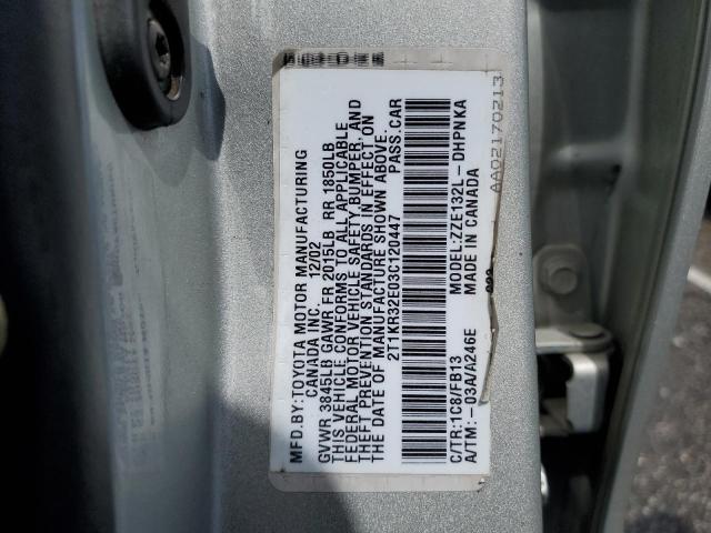 2T1KR32E03C120447 - 2003 TOYOTA COROLLA MA XR SILVER photo 12