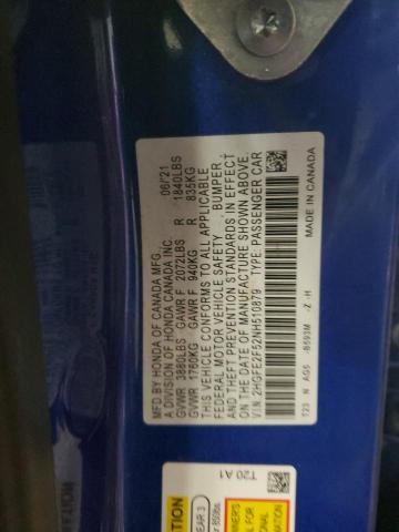 2HGFE2F52NH510879 - 2022 HONDA CIVIC SPORT BLUE photo 12
