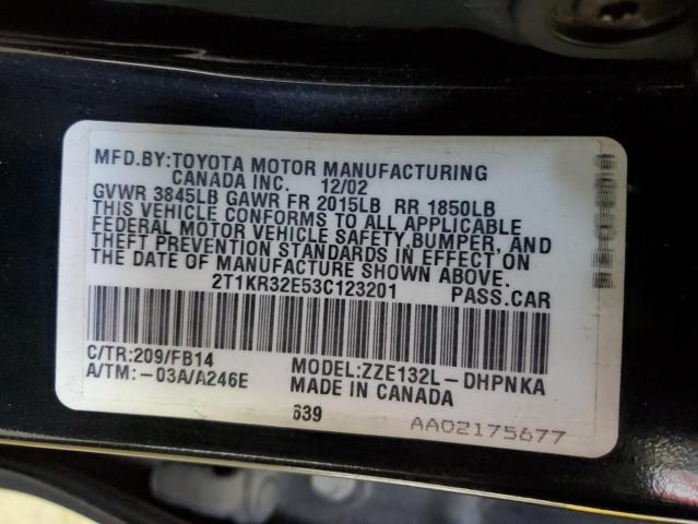 2T1KR32E53C123201 - 2003 TOYOTA COROLLA MA XR BLACK photo 12