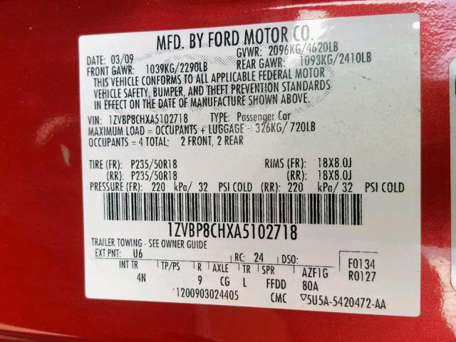 1ZVBP8CHXA5102718 - 2010 FORD MUSTANG GT RED photo 10