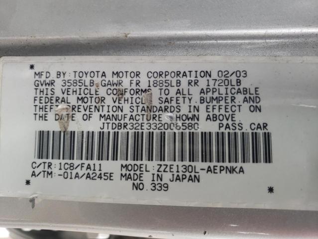 JTDBR32E332008580 - 2003 TOYOTA COROLLA CE SILVER photo 12