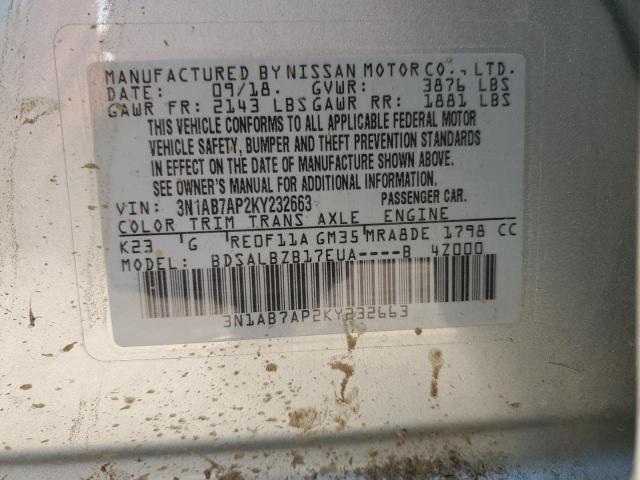 3N1AB7AP2KY232663 - 2019 NISSAN SENTRA S SILVER photo 12