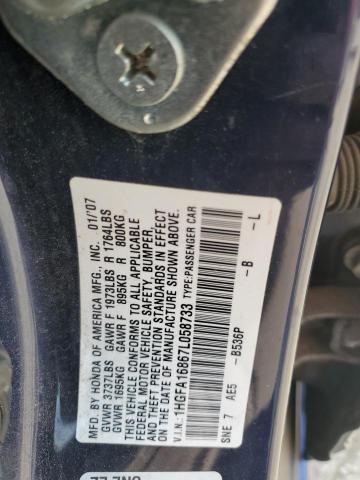 1HGFA16867L058733 - 2007 HONDA CIVIC EX BLUE photo 12