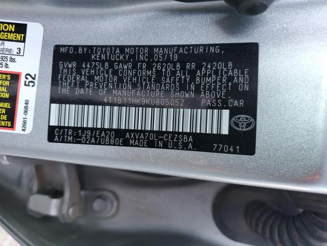 4T1B11HK9KU805052 - 2019 TOYOTA CAMRY L SILVER photo 13