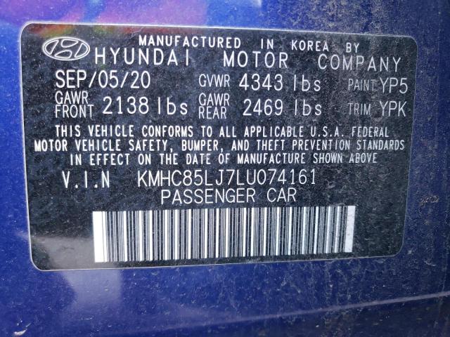 KMHC85LJ7LU074161 - 2020 HYUNDAI IONIQ LIMITED BLUE photo 13