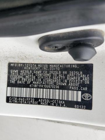 4T1BF1FK1DU670236 - 2013 TOYOTA CAMRY L WHITE photo 12